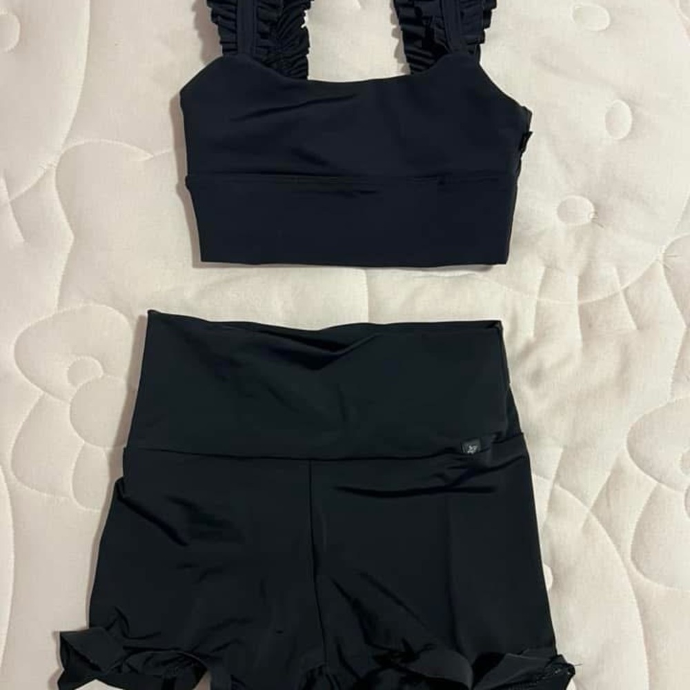 Black Ruffle Strap Crop Top and Shorts Set